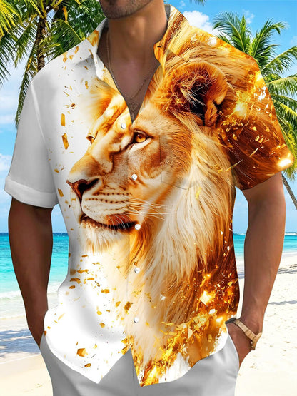Golden Gilded Lion Art Men's Pocket Short Sleeve Shirts