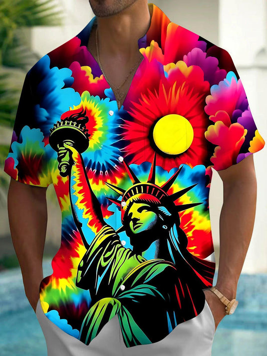 Tie Dye The Statue of Liberty Men's Pocket Short Sleeve Shirts