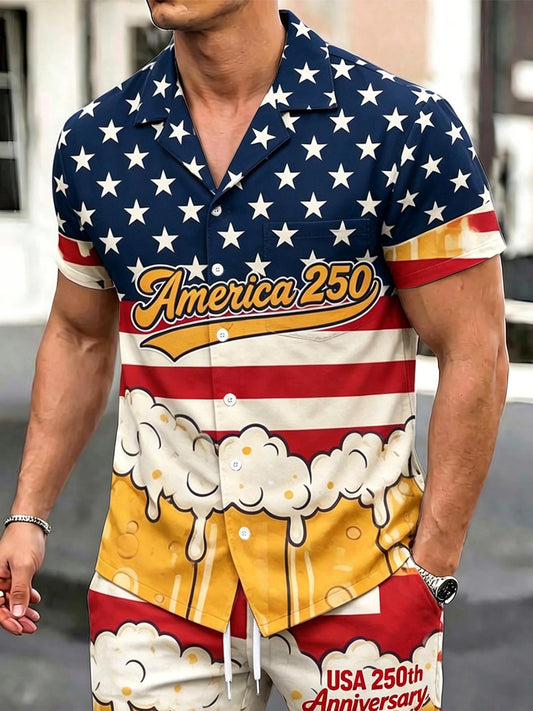 America 250th Anniversary Beer Foam American Flag Independence Day Men's Pocket Short Sleeve Sets