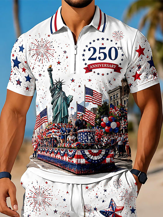 Independence Day USA 250th Anniversary Statue Of Liberty Parade Men's Short Sleeve Zipper Polo Set