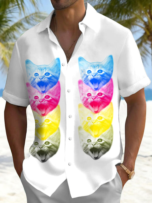 Cat Print Men's Pocket Short Sleeve Shirts