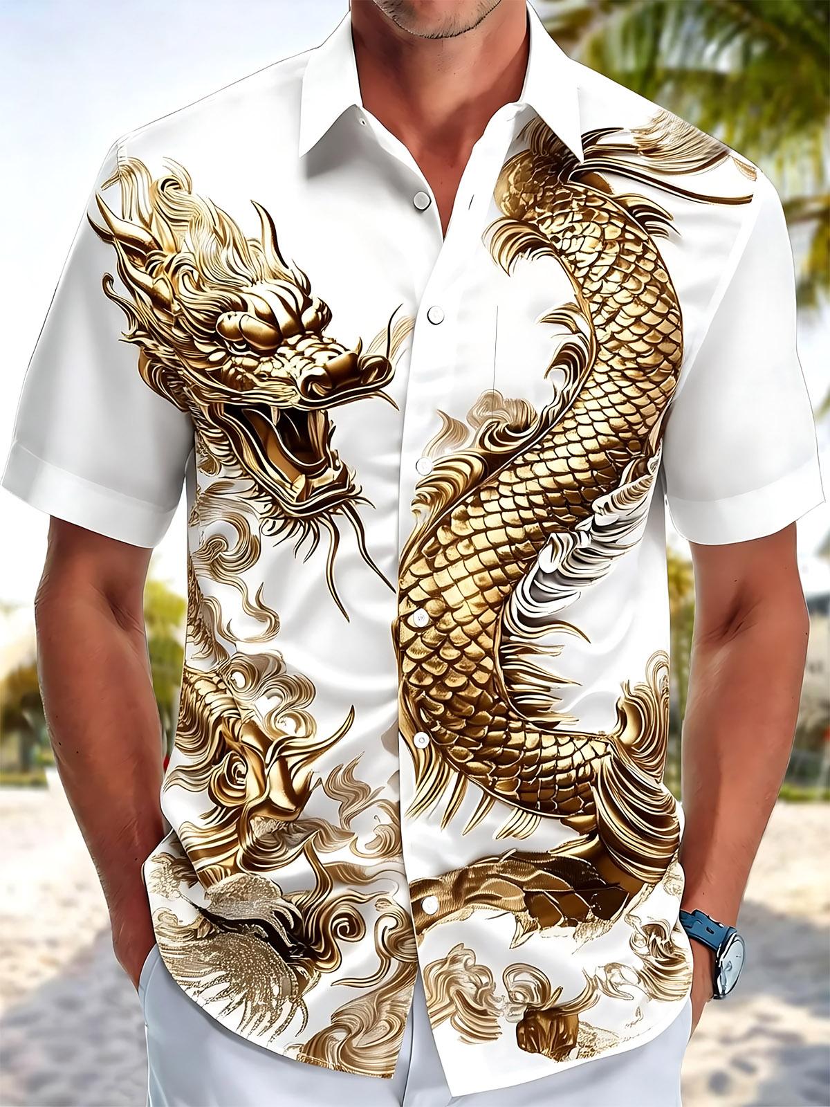 Dragon Print Men's Pocket Short Sleeve Shirts
