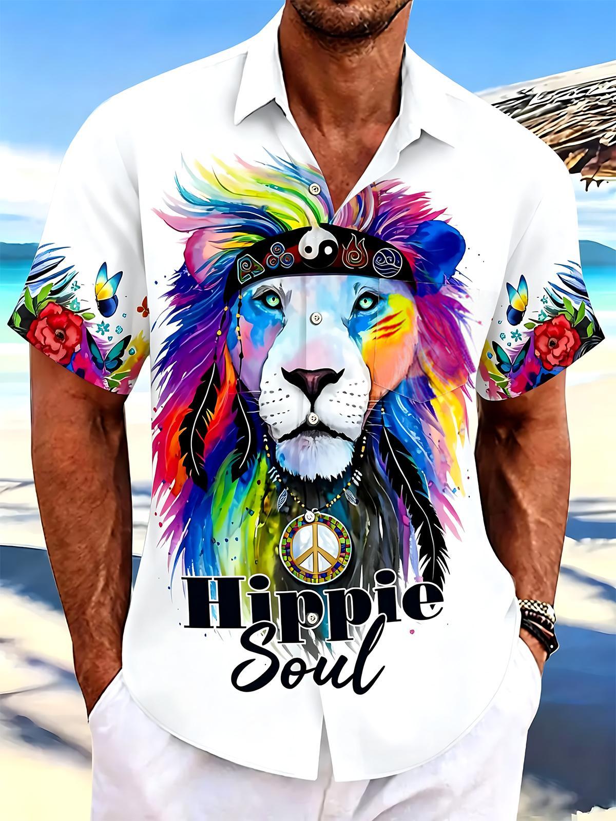 Hippie Lion Print Men's Pocket Short Sleeve Shirts