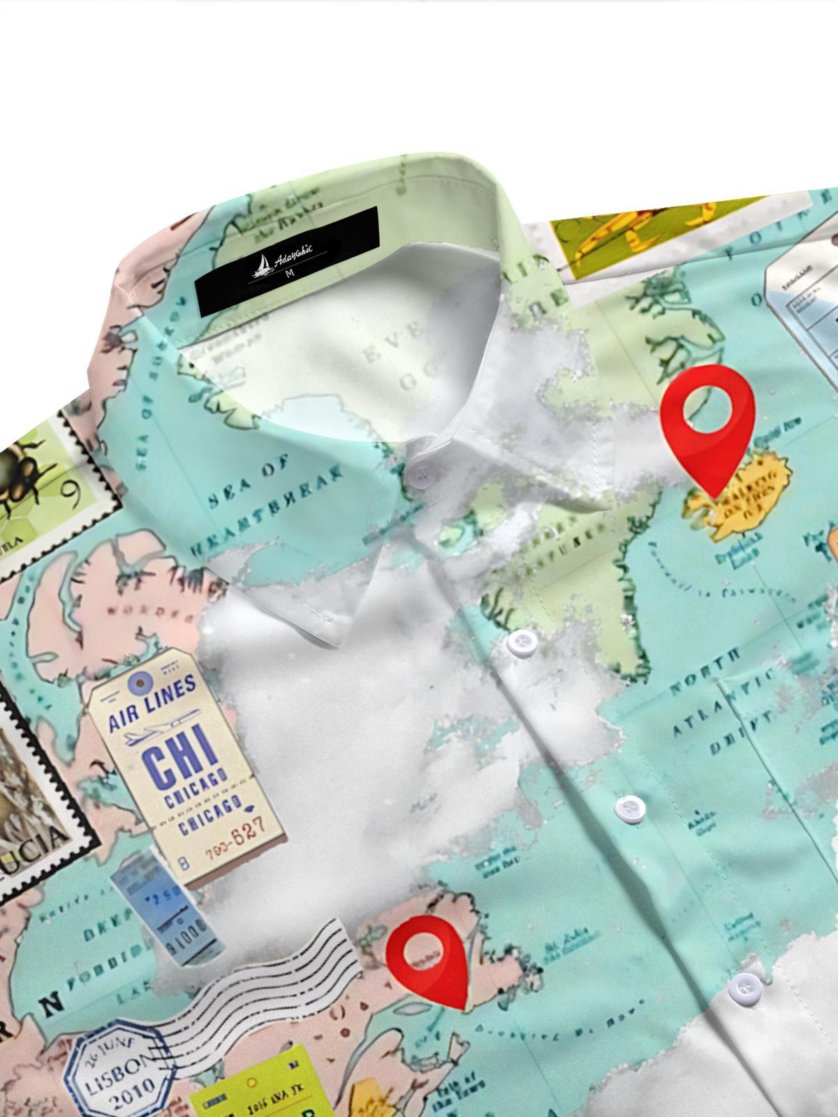 World Map Stamp Print Men's Pocket Short Sleeve Shirts