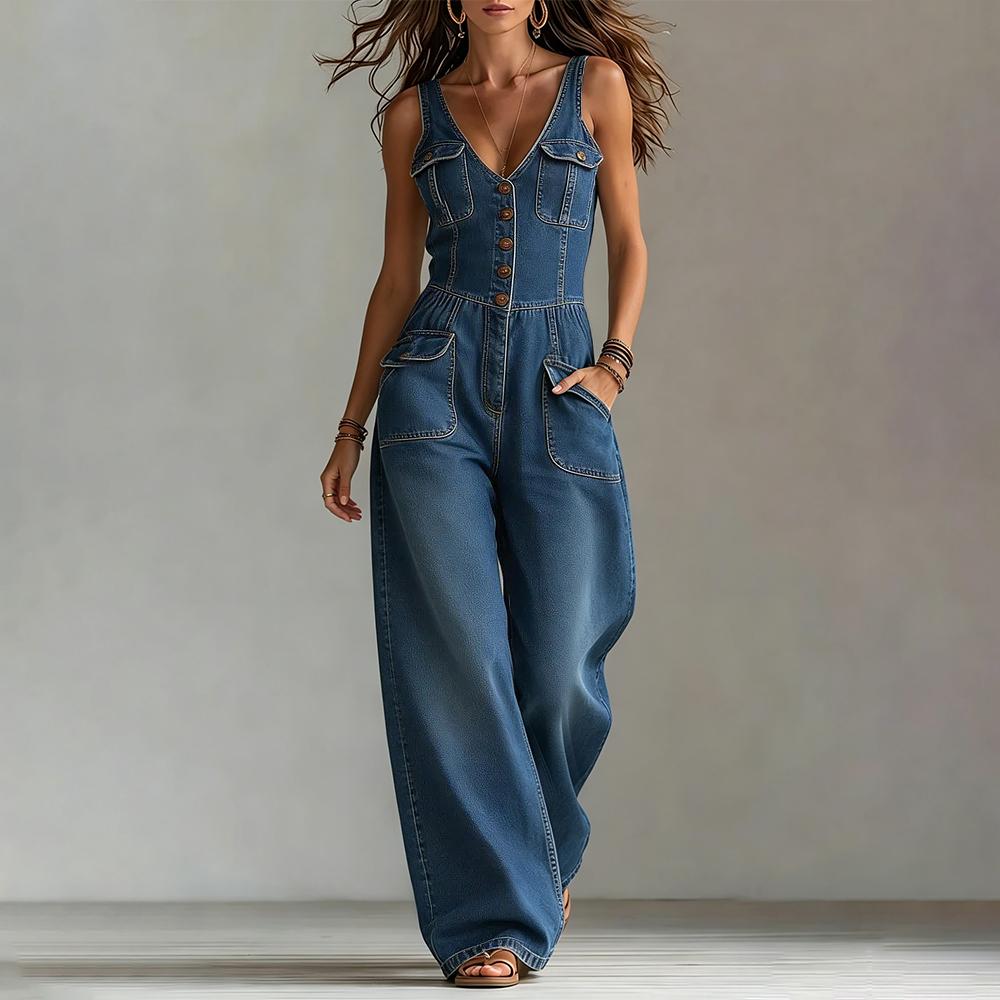 Denim Jumpsuits for Women V Neck Mid Waist Denim Sleeveless Wide Leg Jumpsuit with Pocket for Daily Wear unusual