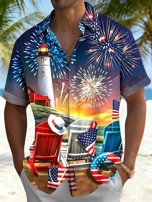Independence Lighthouse Firework Men's Pocket Short Sleeve Shirts