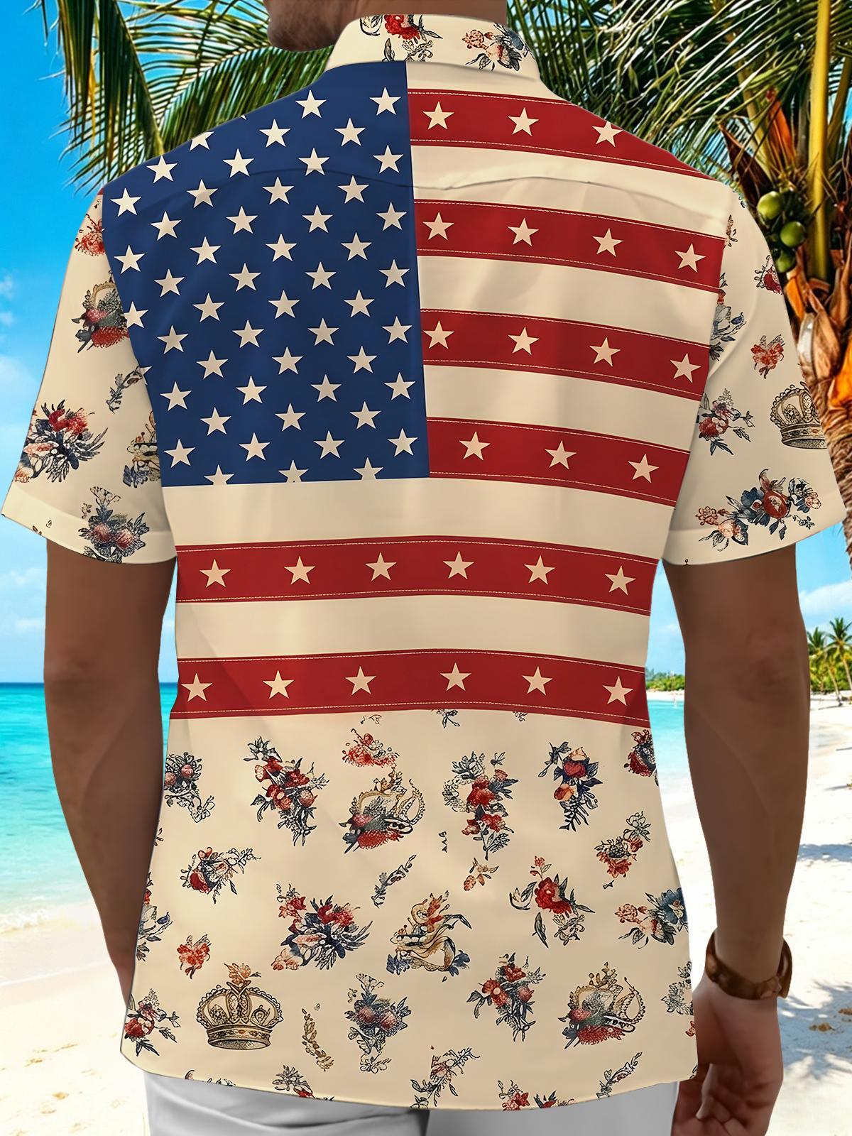 American Star Stripes Vintage Floral Accent Patriotic Holiday Vibe Retro Independence Day Men's Pocket Short Sleeve Shirts