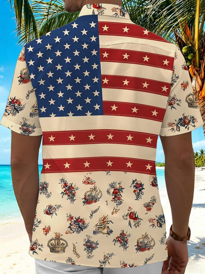 American Star Stripes Vintage Floral Accent Patriotic Holiday Vibe Retro Independence Day Men's Pocket Short Sleeve Shirts