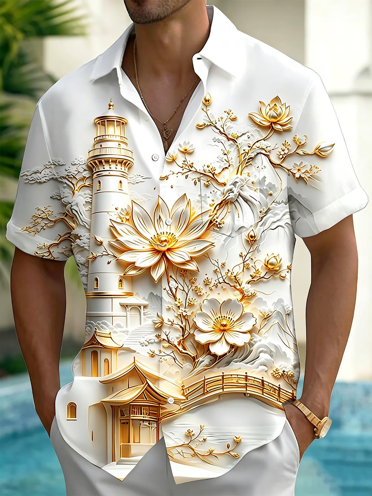 3D Art Gilded Lighthouse Lotus Landscape Pavilion Scenery Men's Pocket Short Sleeve Shirts