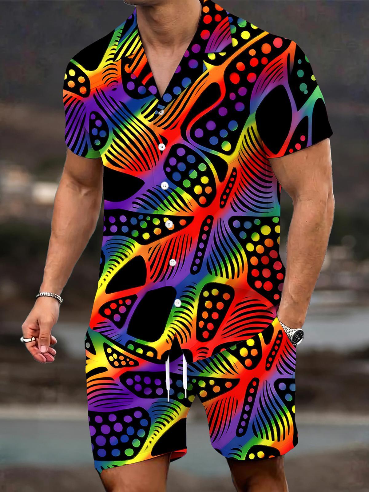 Tie Dye Men's Short Sleeve Cuban Collar Pocket Shirts And Shorts Set