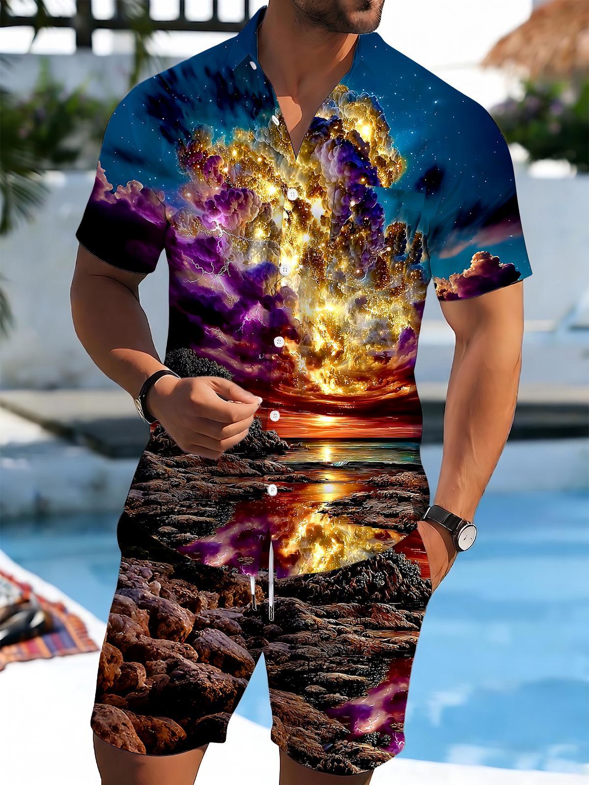 Hawaiian Sunset Men's Short Sleeve Pocket Shirts And Shorts Set