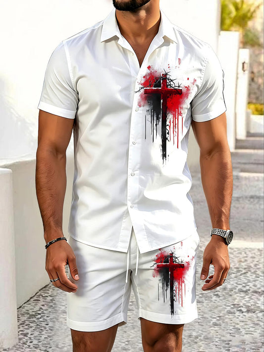 Cross Print Men's Short Sleeve Pocket Shirts And Shorts Set