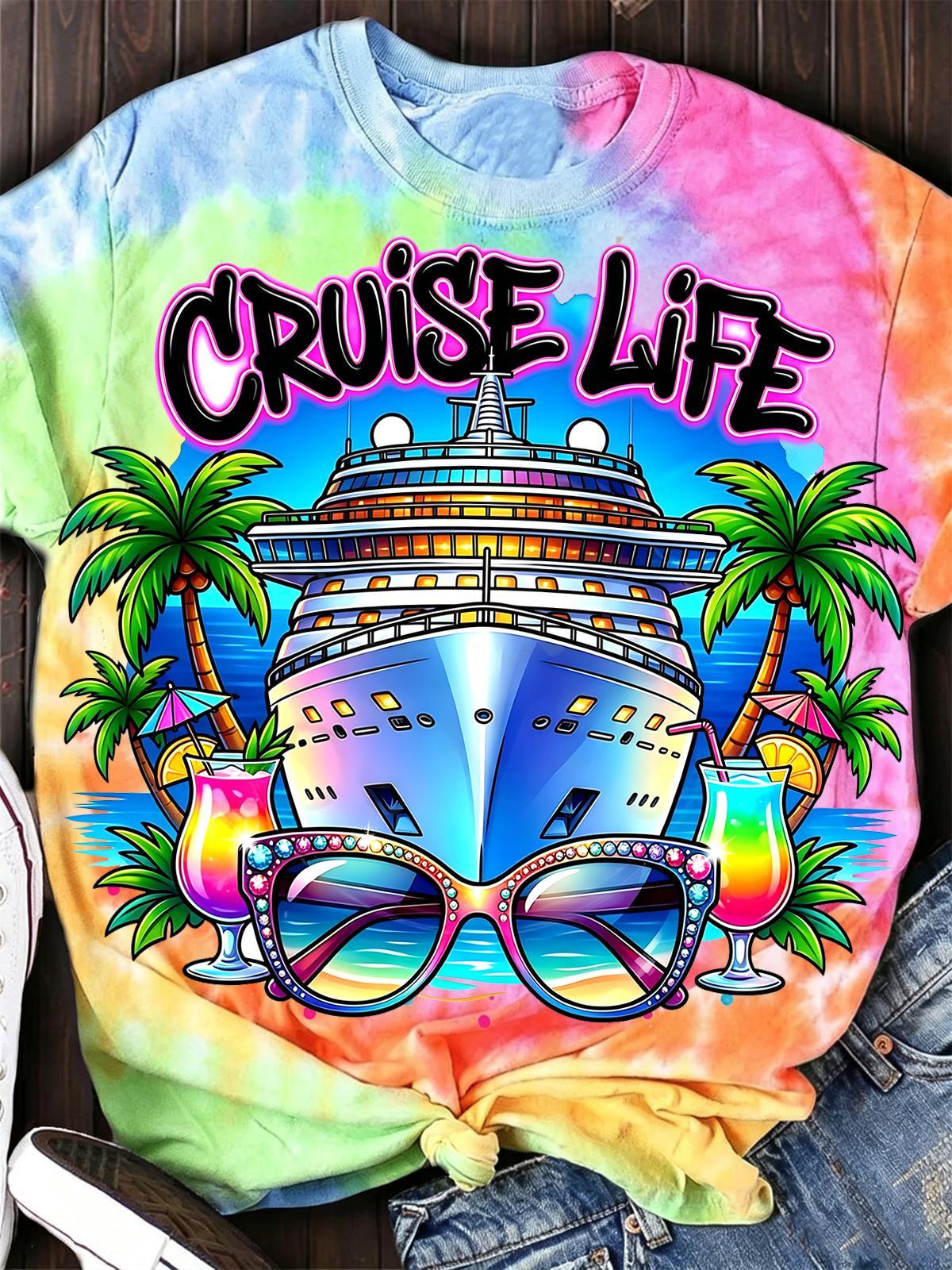 Hawaiian Coconut Tree Sunglasses Cruise Life Women's Short Sleeve Crew Neck T-shirt