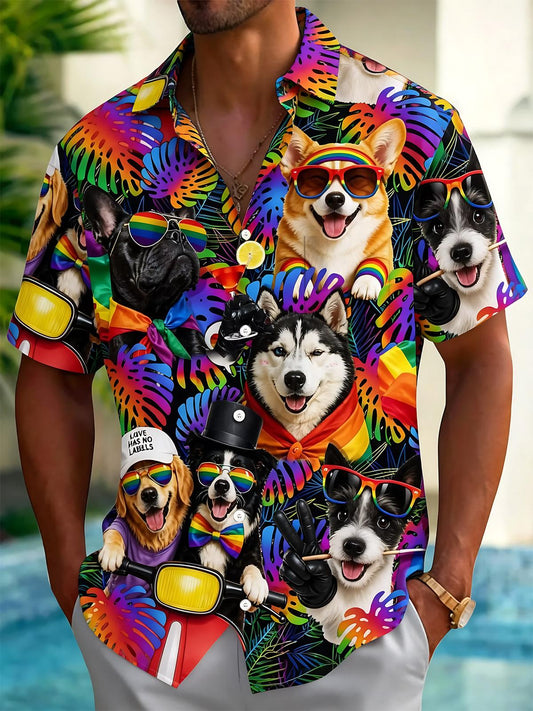 Colorful Leaf dog Hawaiian Print Men's Pocket Short Sleeve Shirts