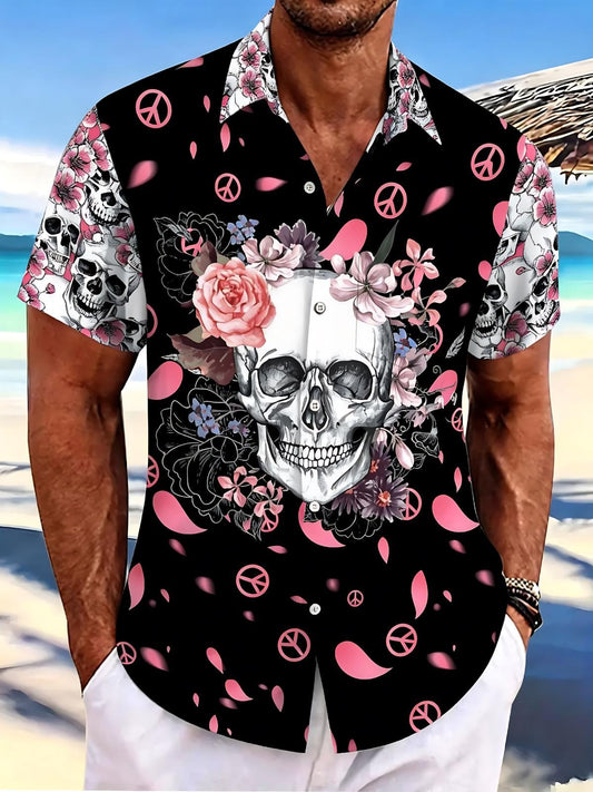 Skull Flower Peace Sign Hippie Print Men's Pocket Short Sleeve Shirts