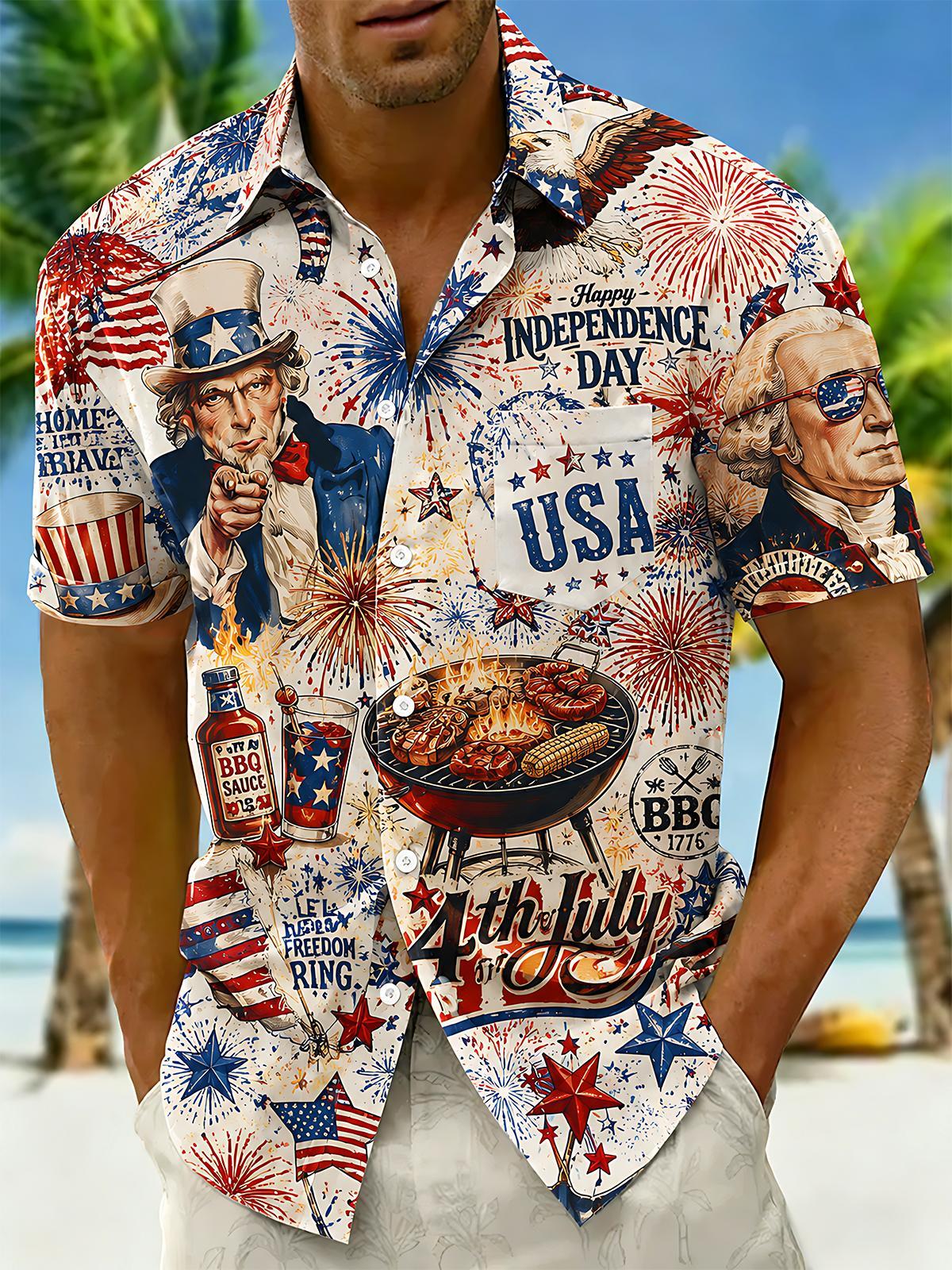 Vintage USA Independence Day BBQ Uncle Sam & Washington Men's Pocket Short Sleeve Shirts
