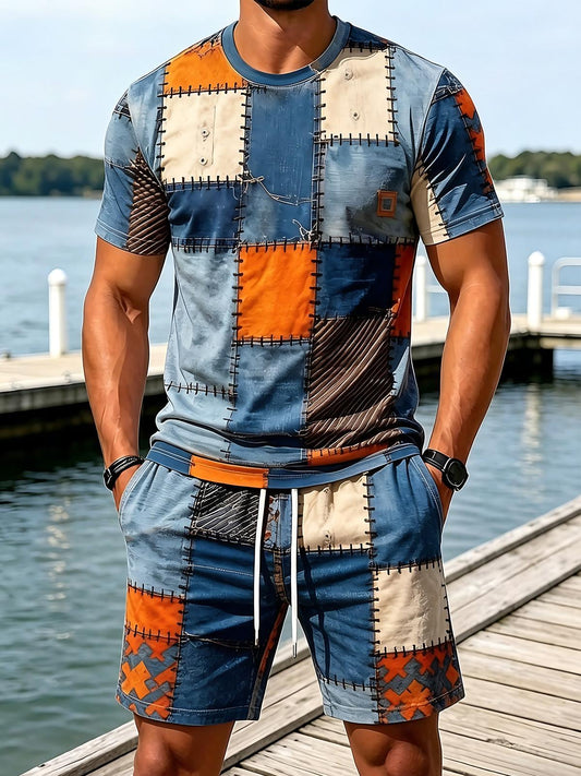 Geometric Color Block Patch Men's Short Sleeve Round Neck T-shirt And Shorts Set