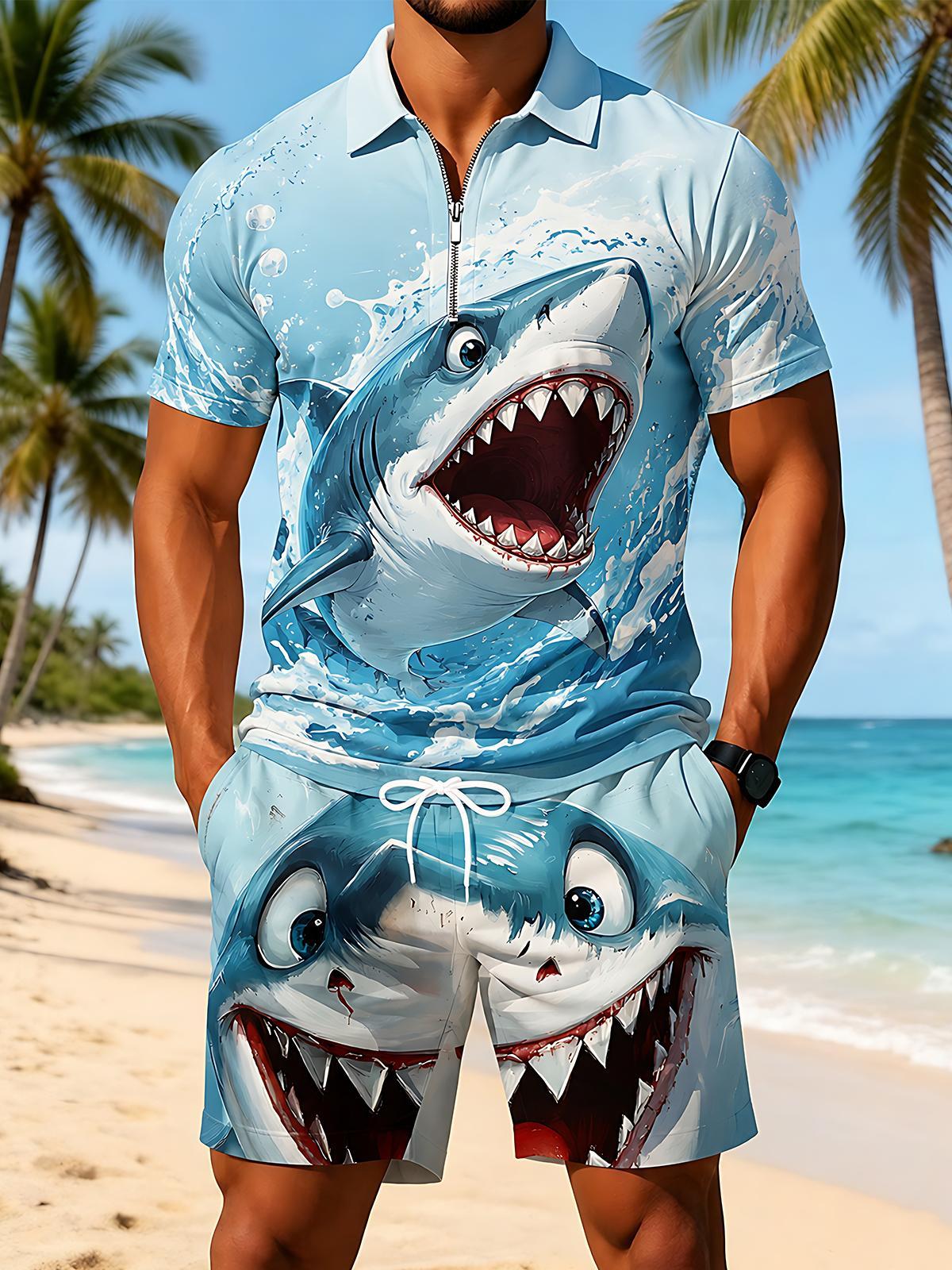 Fun Cartoon Shark Wave Print Men's Short Sleeve Zipper Polo And Shorts Set