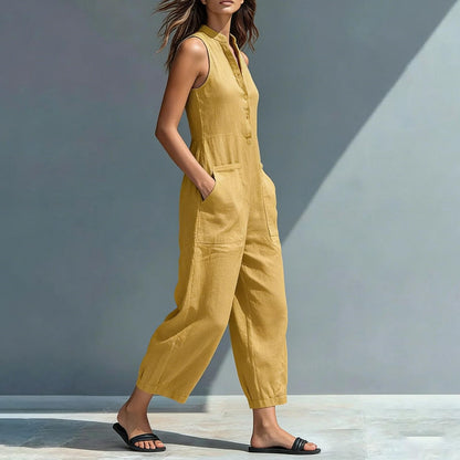Sleeveless Jumpsuits for Women Button Front Stand Collar Sleeveless Loose Wide Leg Jumpsuit for Vacation charmingly