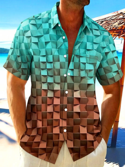 3D Cube Gradient Geometry Men's Pocket Short Sleeve Shirts