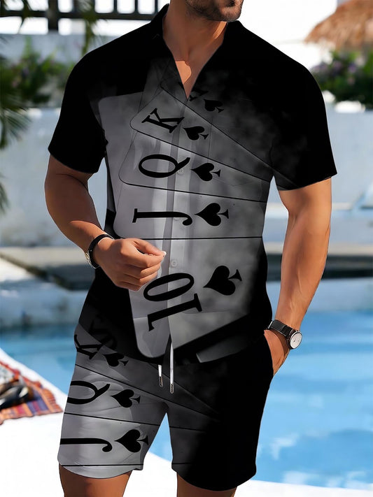 Poker Print Men's Short Sleeve Pocket Shirts And Shorts Set
