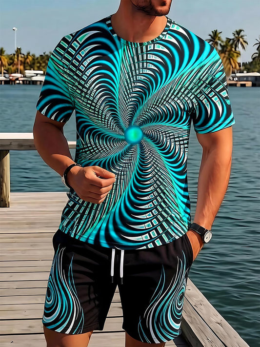 Abstract Teal Spiral Optical Illusion Men's Short Sleeve Round Neck T-shirt And Shorts Set