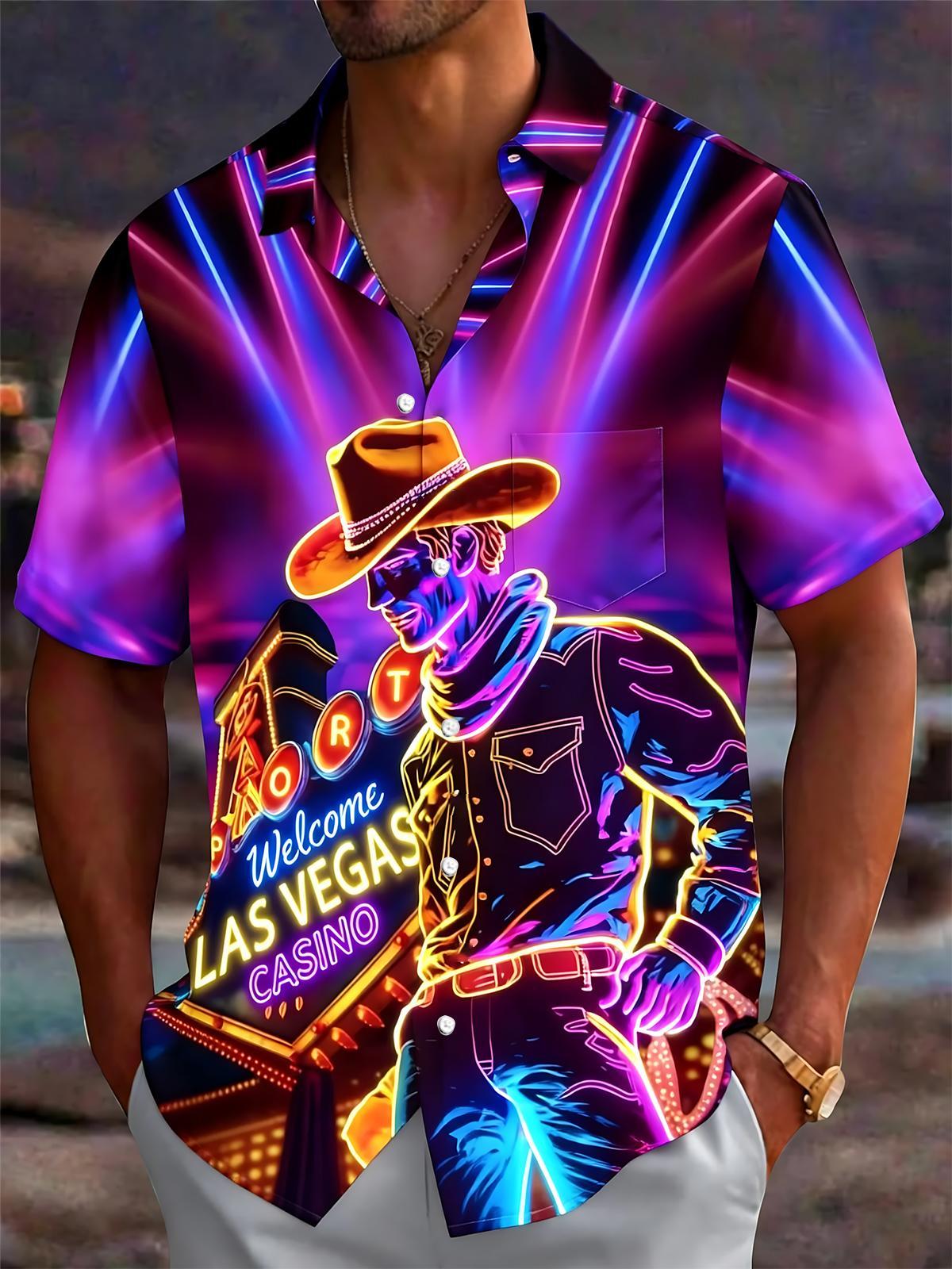 Las Vegas Neon Art Print Men's Pocket Short Sleeve Shirts