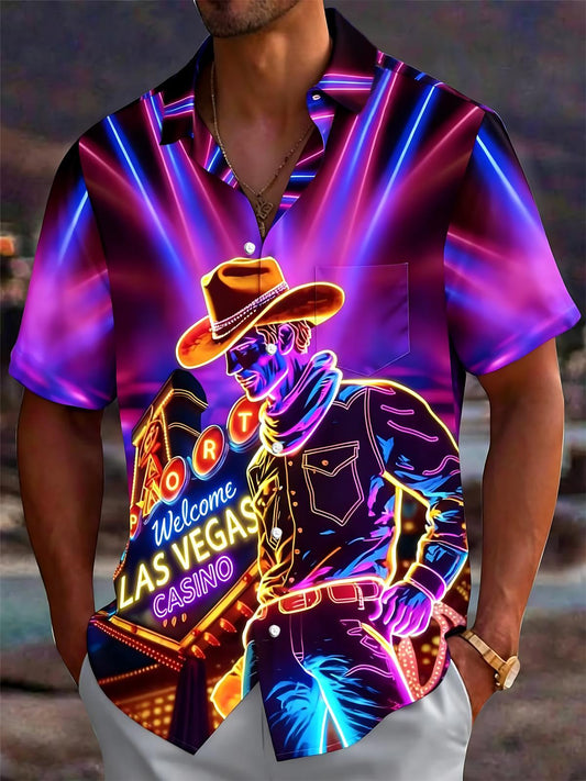 Las Vegas Neon Art Print Men's Pocket Short Sleeve Shirts