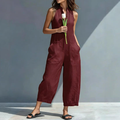 Sleeveless Jumpsuits for Women Button Front Stand Collar Sleeveless Loose Wide Leg Jumpsuit for Vacation charmingly