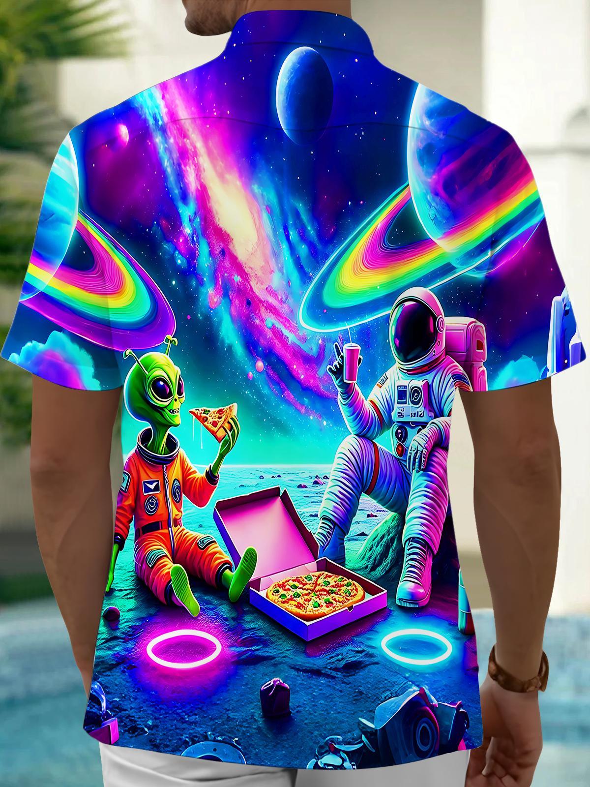 Fun Neon Colorful Astronaut & Alien Pizza Party Men's Pocket Short Sleeve Shirts