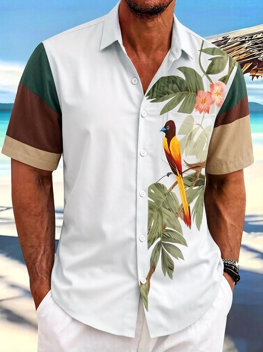 Hawaiian Tropical Parrot Bird Floral Leaves Patchwork Men's Pocket Short Sleeve Shirts