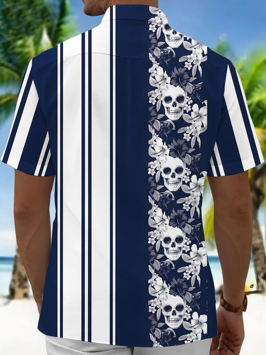 Skull Floral & Navy Stripe Patchwork Men's Pocket Short Sleeve Shirts