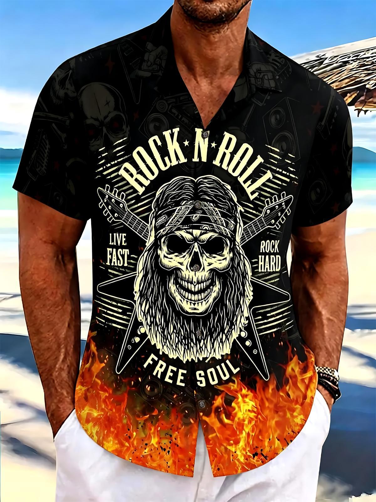 Rock Skull Print Men's Pocket Short Sleeve Shirts