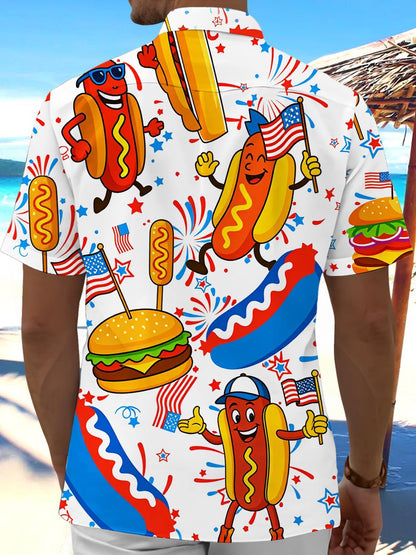 American Flag Hot Dog Burger Funny Print Men's Pocket Short Sleeve Shirts
