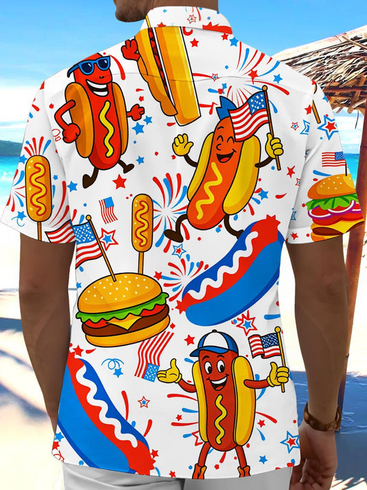 American Flag Hot Dog Burger Funny Print Men's Pocket Short Sleeve Shirts