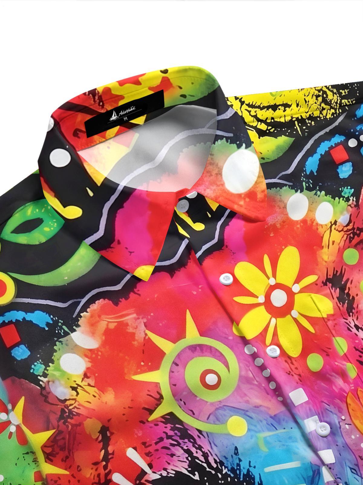 Hawaiian Colorful Pop Art Dog Portrait Men's Pocket Short Sleeve Shirts