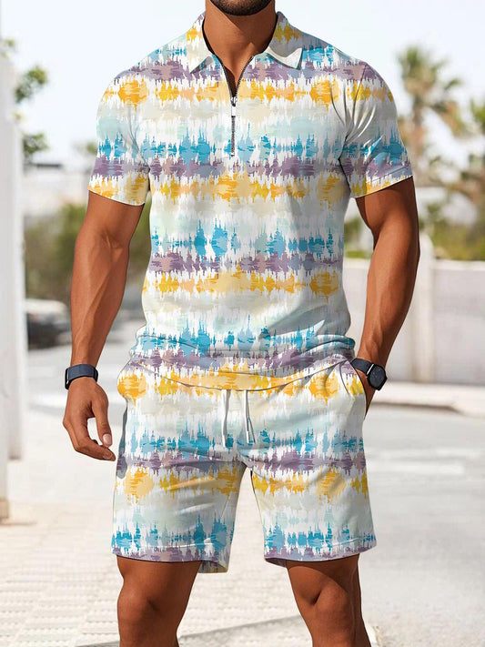 Gradient Print Men's Short Sleeve Zipper Polo And Shorts Set