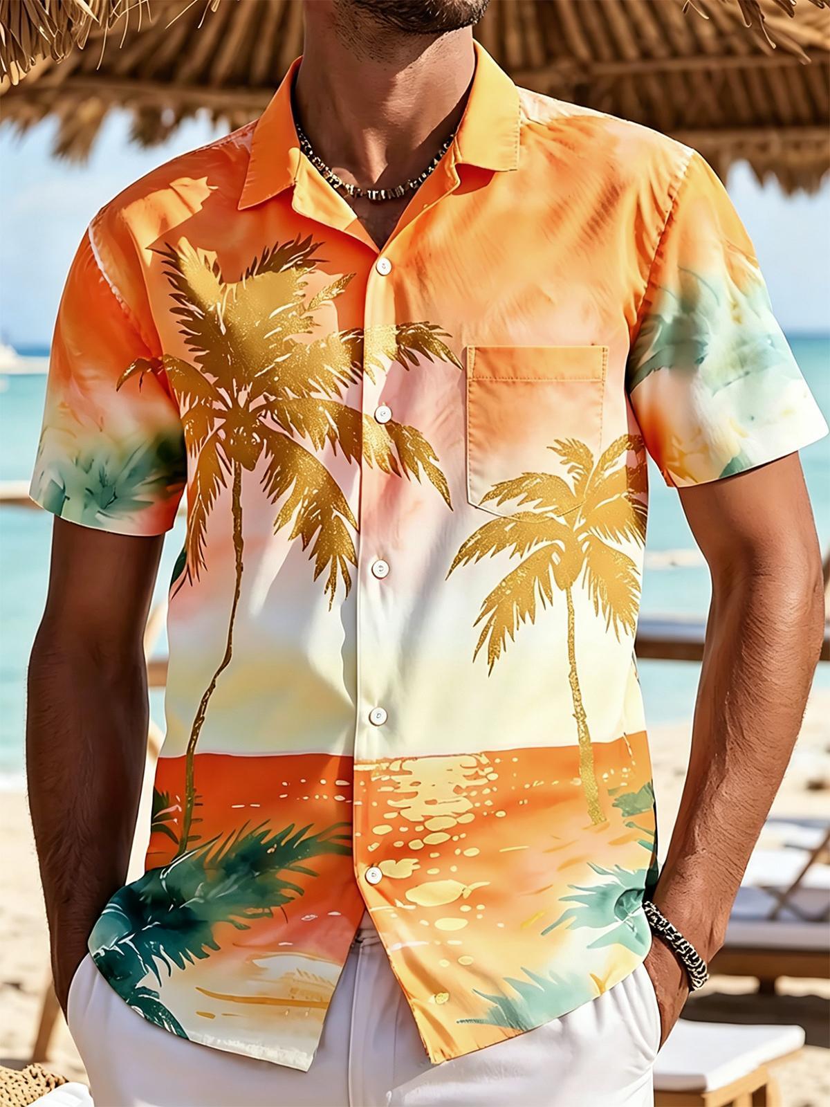 Hawaiian Coconut Tree Sunset Men's Pocket Cuban Collar Short Sleeve Shirt