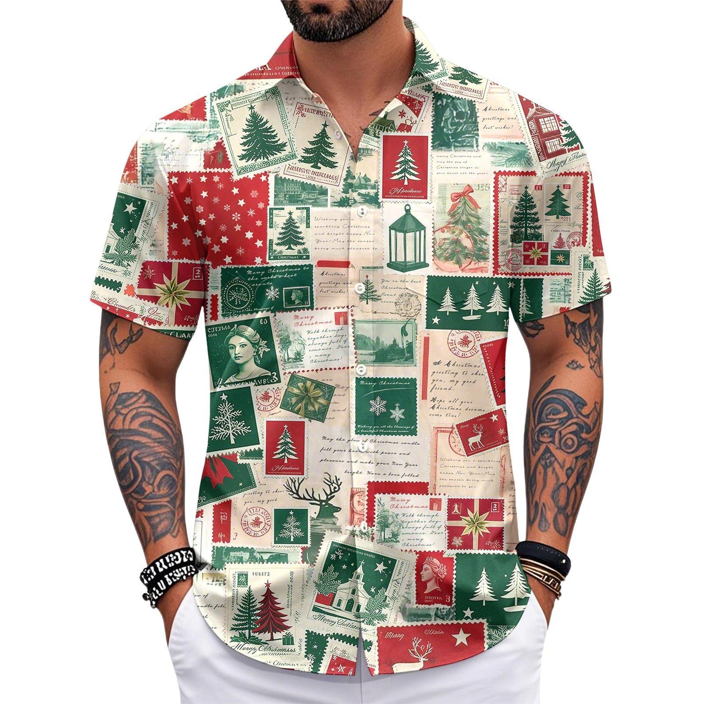 Men Christmas Shirt Button Down Vintage Stamp Christmas Print Lapel Collar Button Down Shirts for Beach Vacation Travel responsible