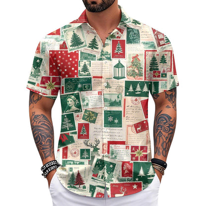Men Christmas Shirt Button Down Vintage Stamp Christmas Print Lapel Collar Button Down Shirts for Beach Vacation Travel responsible