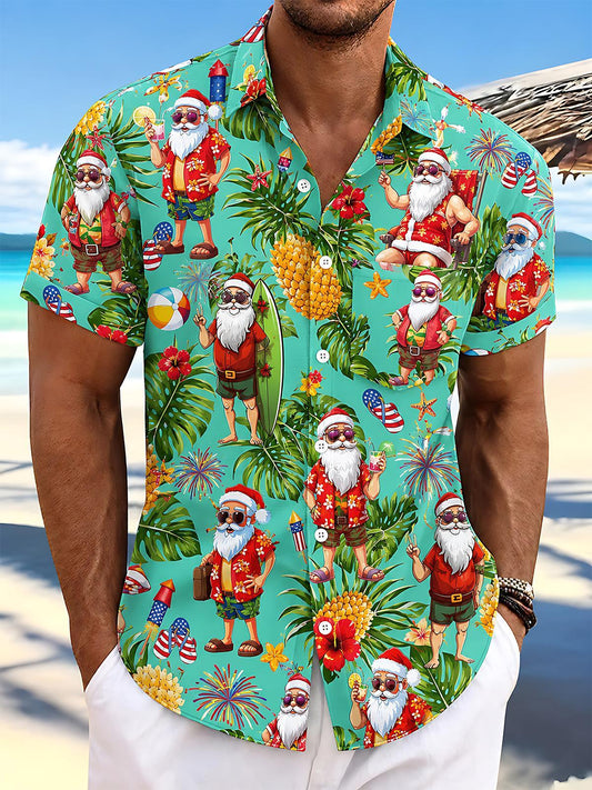 Fun Hawaii Summer Christmas Santa Claus Pineapple Men's Pocket Short Sleeve Shirts