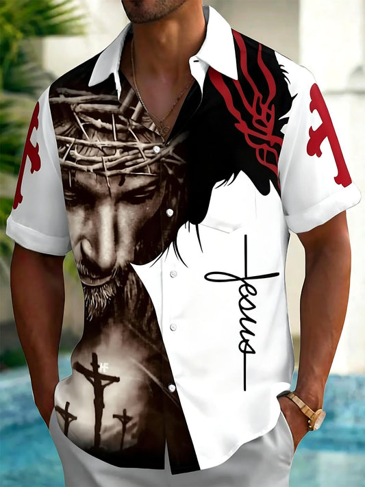 Jesus Print Men's Pocket Short Sleeve Shirts