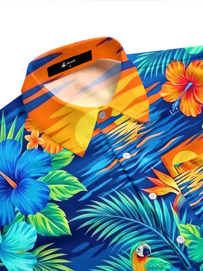 Hawaiian Tropical Floral Parrot Men's Pocket Short Sleeve Shirts