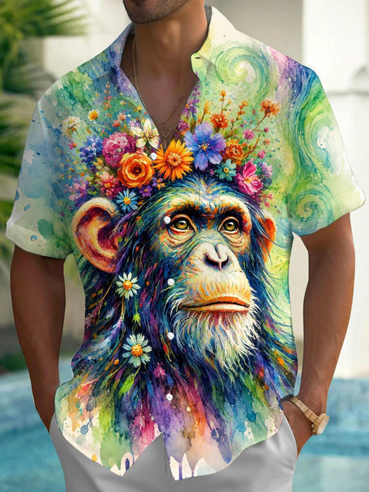 Chimpanzee Flower Print Men's Pocket Short Sleeve Shirts