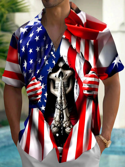 Independence Skull American Flag Men's Pocket Short Sleeve Shirts