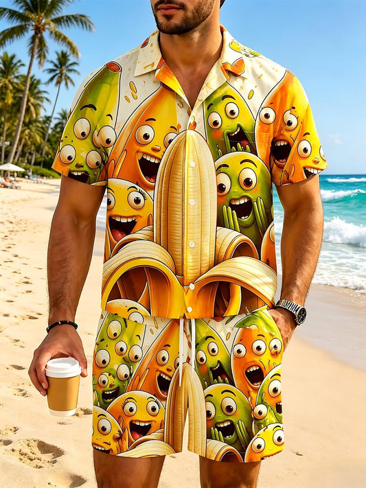 Fun Banana Cartoon Expression Men's Short Sleeve Pocket Shirts And Shorts Set