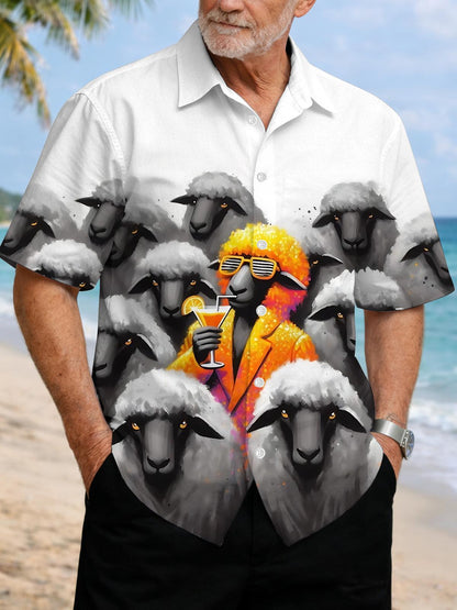 Sheep Print Men's Pocket Short Sleeve Shirts