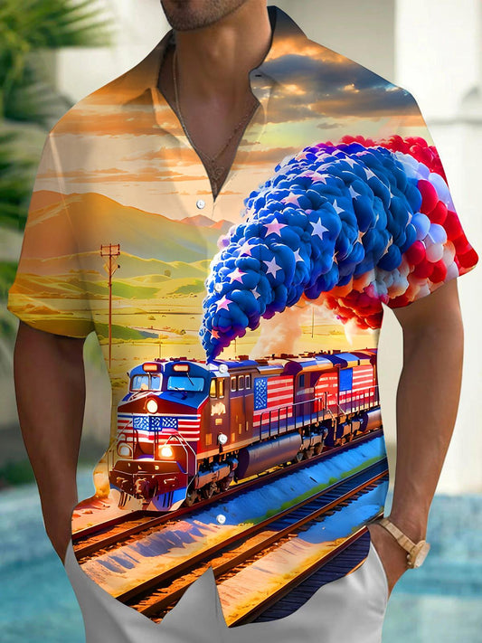 American Flag Retro Train Independence Day Men's Pocket Short Sleeve Shirts