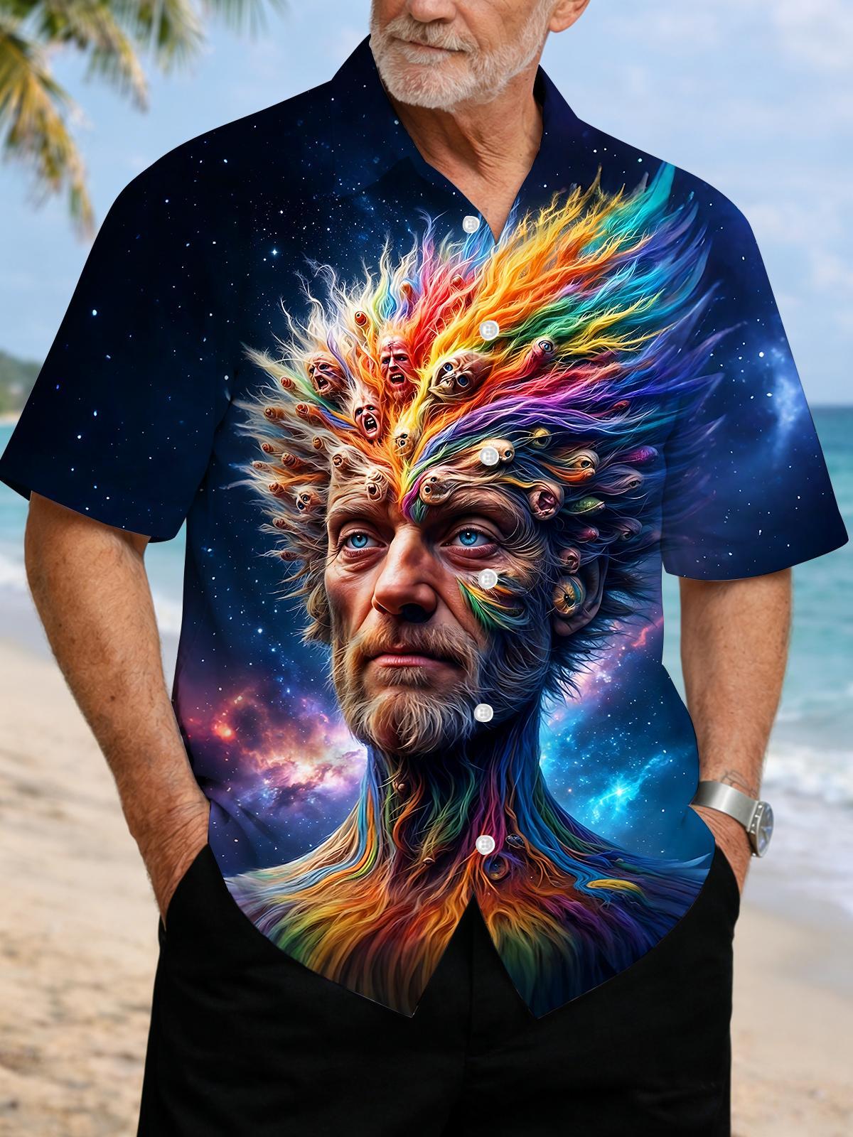 Dark Cosmic Starry Sky Human Face Art Men's Pocket Short Sleeve Shirts