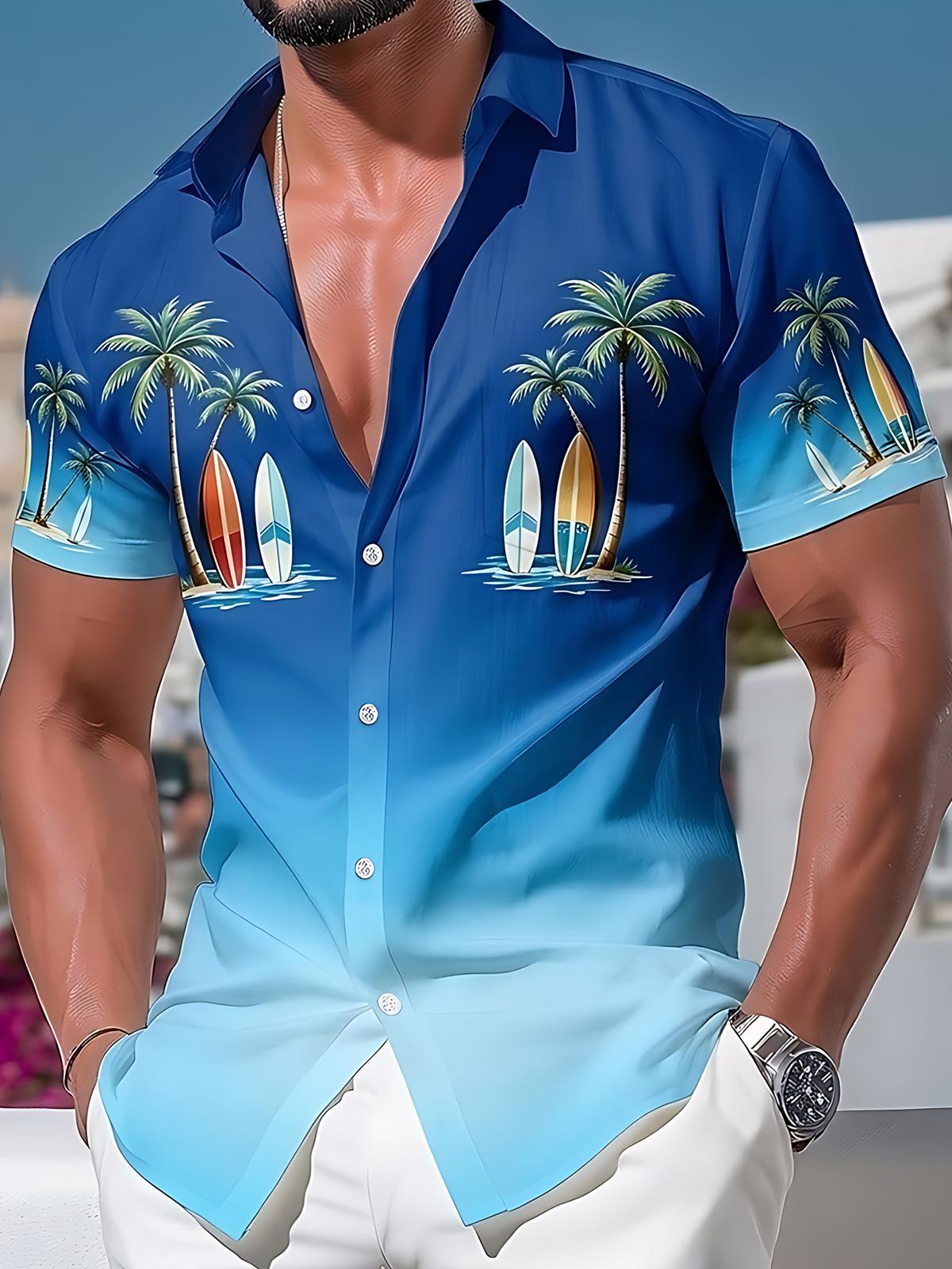 Hawaiian Tropical Coconut Tree Print Men's Pocket Short Sleeve Shirts